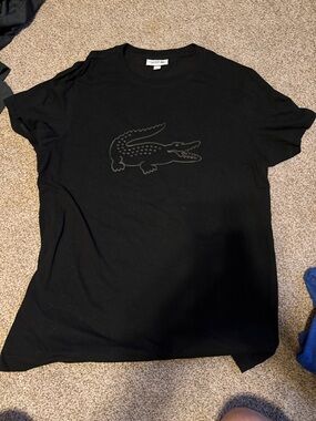 Lacoste Black Crewneck Tee with Embossed Crocodile